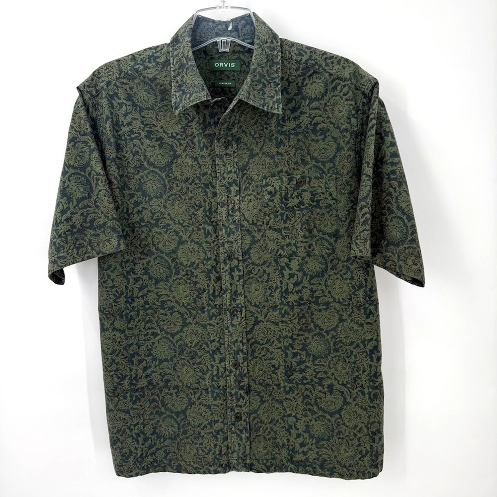 Orvis Classic Fit Shirt Mens Large Green Floral Button Up Short Sleeve Cotton